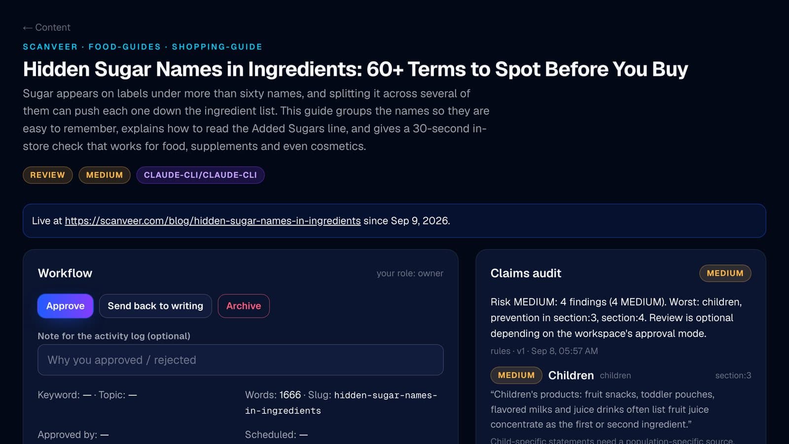 A real article in NoRi: its title, summary, review status, the line saying where it went live, and the top of its workflow and claims audit panels